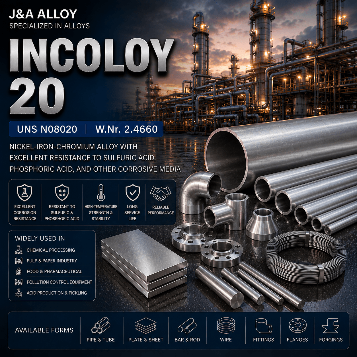 Incoloy 20 Incoloy 20 tubes, pipes, bars, rods, plates, fittings, flanges, wires