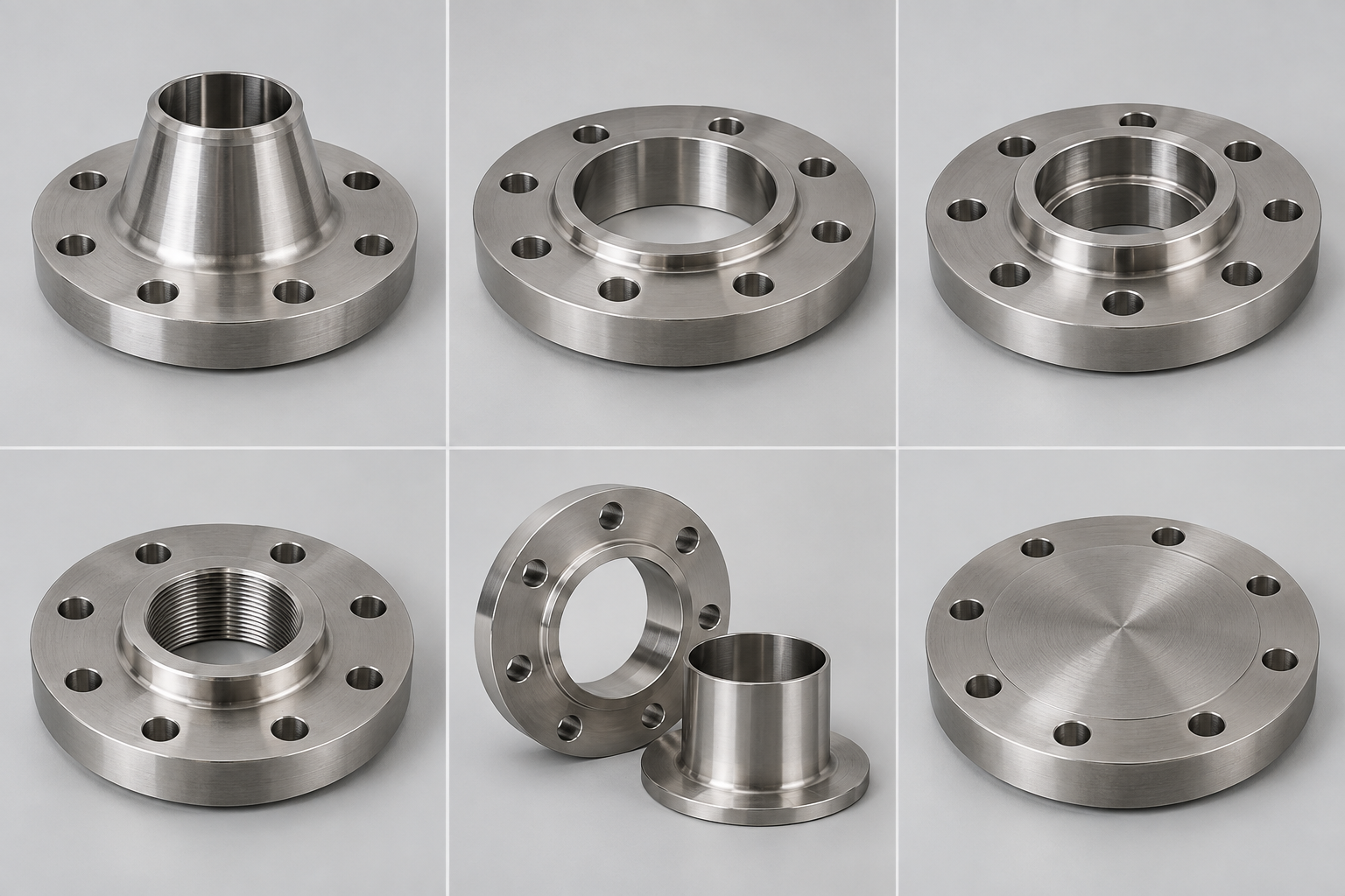 Six common nickel alloy flange types: weld neck, slip-on, socket weld, threaded, lap joint and blind